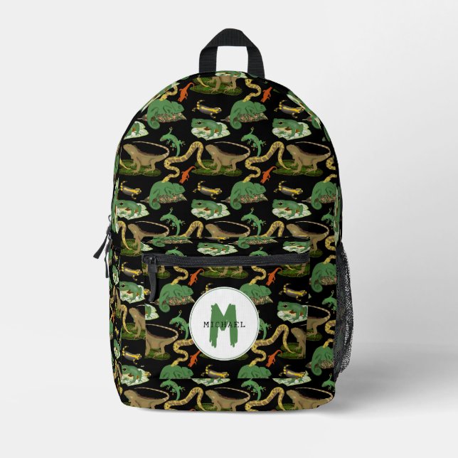 Reptile, Lizards & Amphibians Kids Monogram School Printed Backpack (Front)