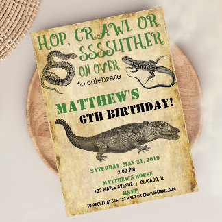 Reptile party birthday, snake lizard alligator invitation