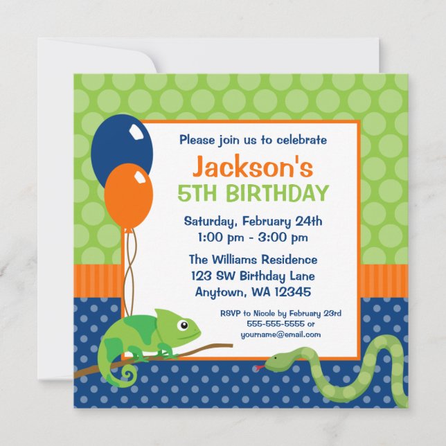 Reptile Polka Dot Kids Birthday Invitation (Front)