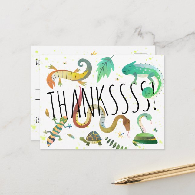 Reptile Postcard Party Thank You Note Card (Front/Back In Situ)
