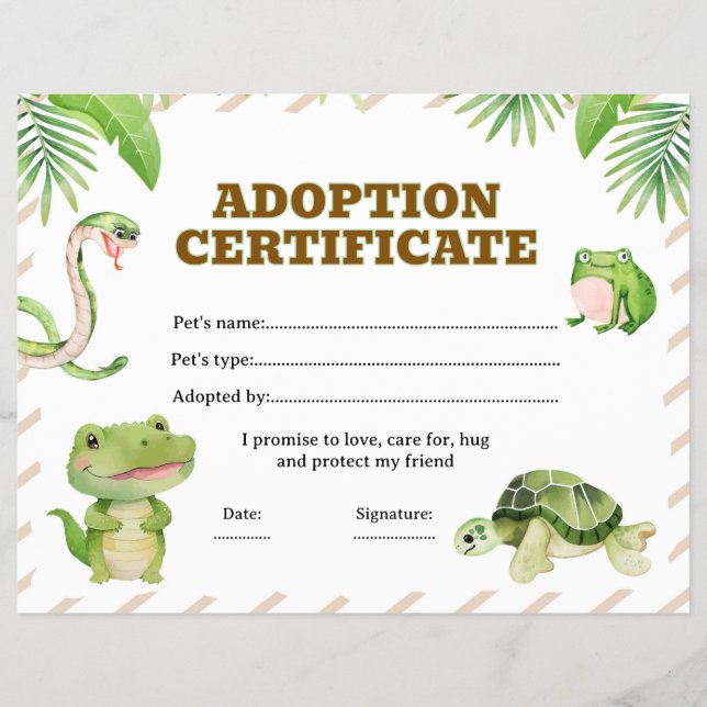 Reptiles adopt a pet certificate editable flyer (Front)