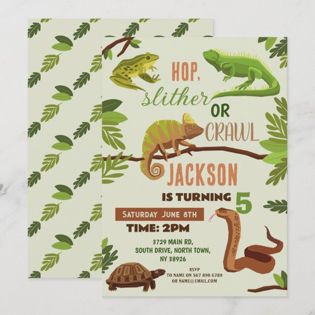 Reptiles Snake Birthday Party Lizard Frogs Iguana Invitation (Front/Back)