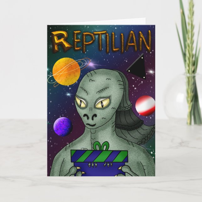 Reptilian Alien with Outer Space Birthday Card (Front)