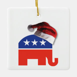 Republican Elephant Wearing a Santa Claus Hat Ceramic Ornament