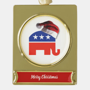 Republican Elephant wearing a Santa Claus Hat Gold Plated Banner Ornament