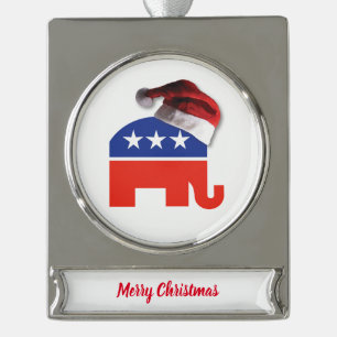 Republican Elephant wearing a Santa Claus Hat Silver Plated Banner Ornament