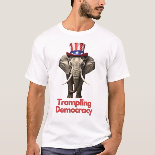 Republican Party Elephant Trampling Democracy T-Shirt (Front)