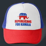 Republicans for Kamala Harris Elephant Trucker Hat<br><div class="desc">Republicans for Kamala Harris hat with the red and blue Republican elephant. Conservatives voting for Kamala for president in the 2024 election.</div>