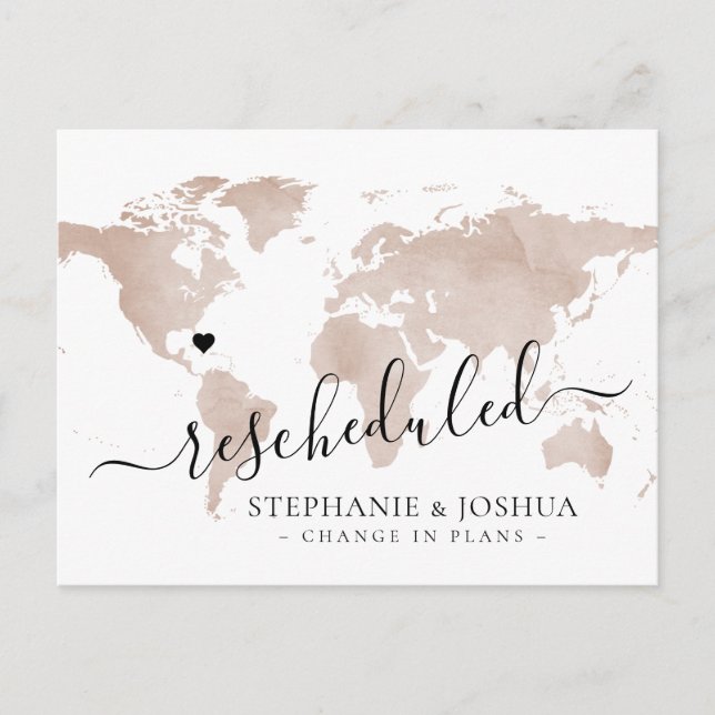 Rescheduled Postponed Destination Wedding Map Announcement Postcard (Front)