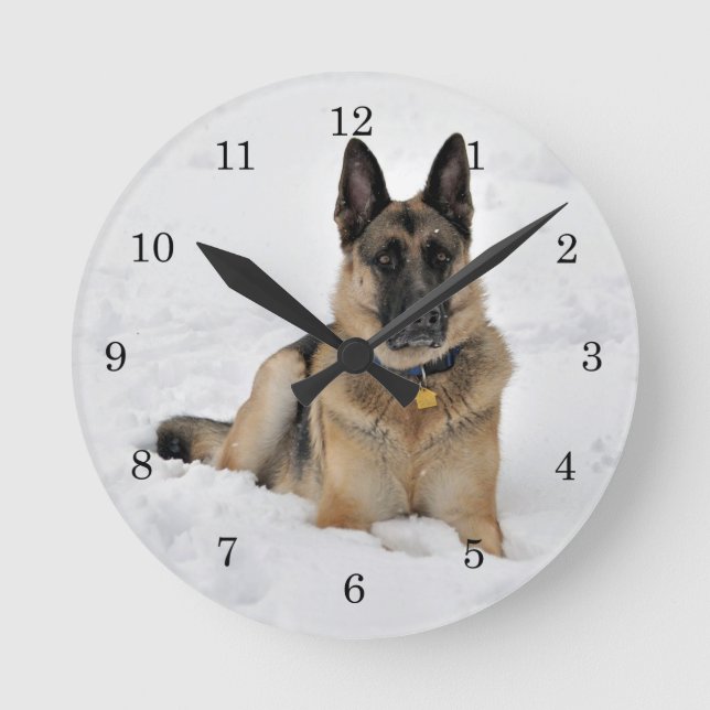 Rescue German Shepherd Dog in Snow Round Clock (Front)
