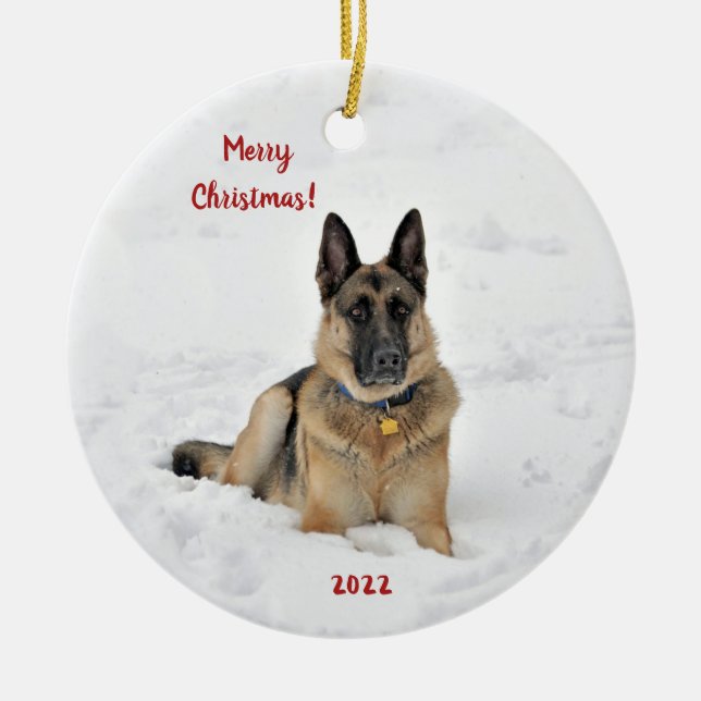 Rescue German Shepherd Dog in Winter Snow Ceramic  Ceramic Ornament (Front)