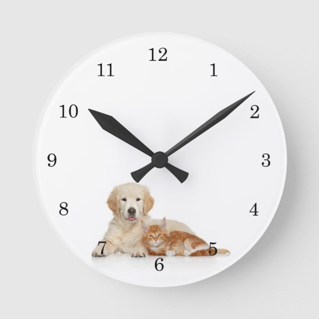 Rescue Golden Retriever Puppy and Kitten Round Clock (Front)