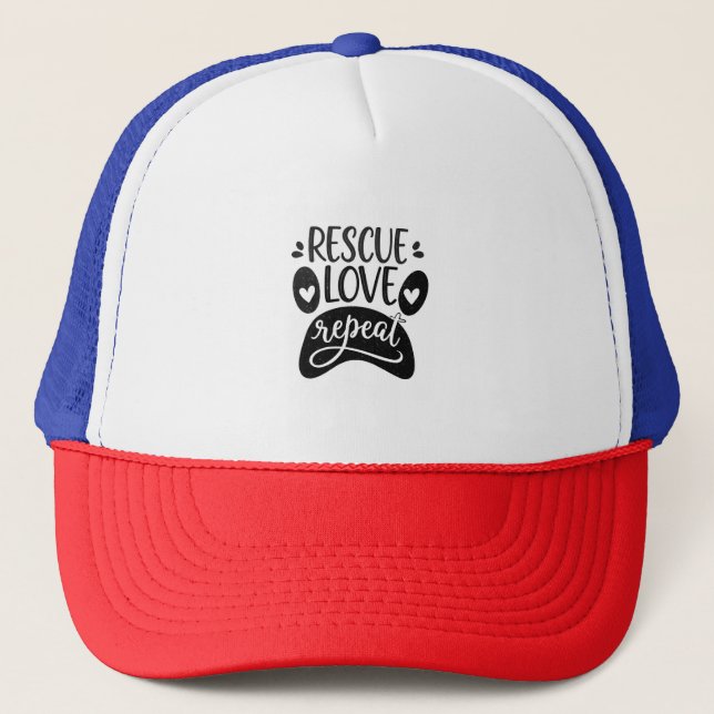 Rescue Love Repeat Dog Paw Tee Trucker Hat (Front)