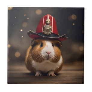 Rescue Ready: Guinea Pig in a Fireman's Hat, Ceramic Tile