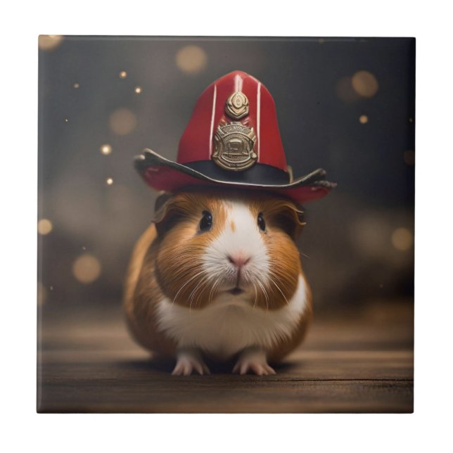 Rescue Ready: Guinea Pig in a Fireman's Hat, Ceramic Tile (Front)