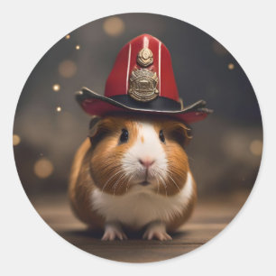 **"Rescue Ready: Guinea Pig in a Fireman's Hat"** Classic Round Sticker