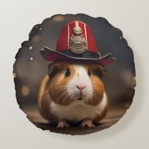 Rescue Ready: Guinea Pig in a Fireman's Hat, Round Cushion