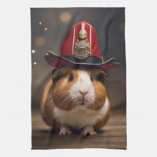 Rescue Ready: Guinea Pig in a Fireman's Hat, Tea Towel