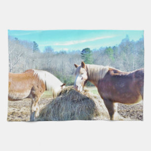 Rescued Draught Horses eating hay Tea Towel