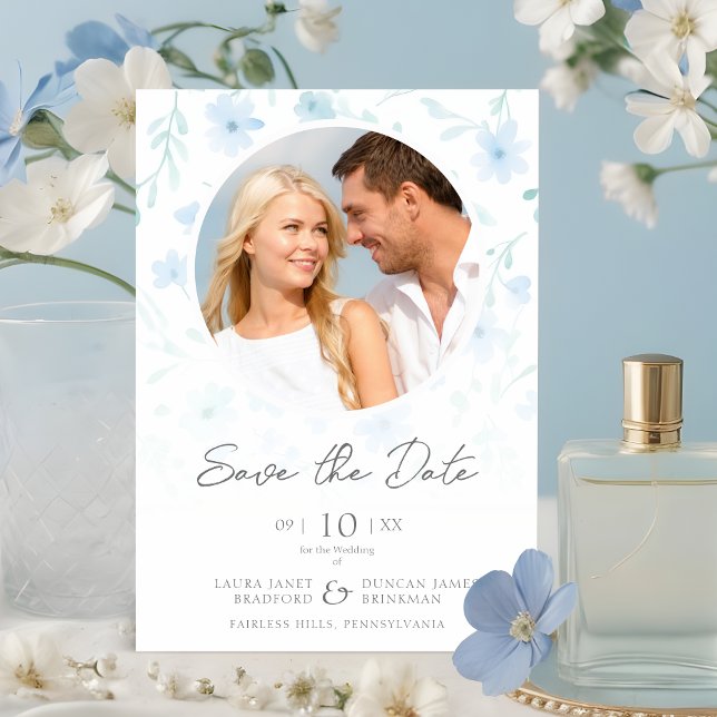 Reserva La Fecha Fancy Flowers Classic Floral Blue Save The Date (Fancy Flowers Classic Floral Blue Shades Photo Save the Date with Envelope. )