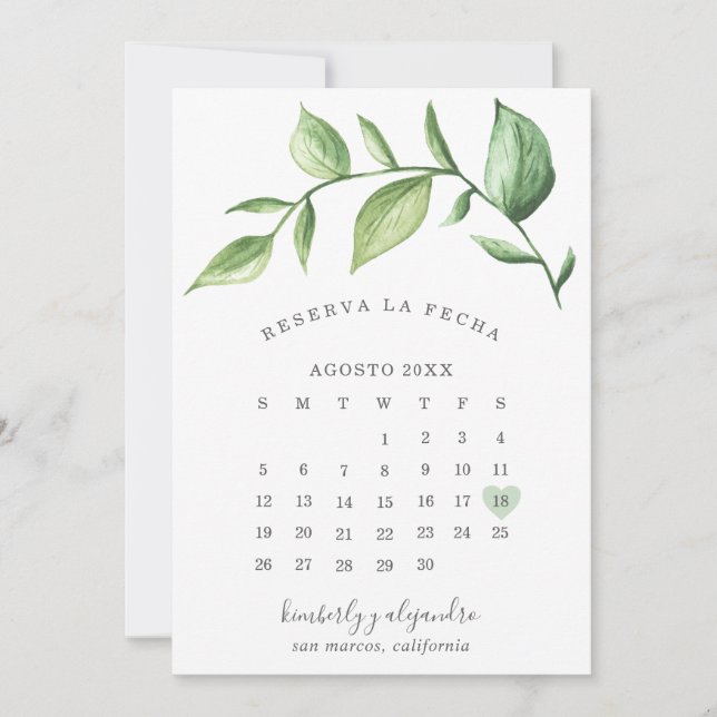 Reserva La Fecha Rustic Greenery Calendar Spanish Save The Date (Front)