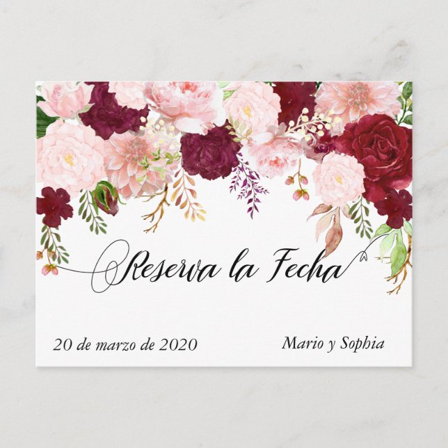 Reserva La Fecha  Save The Date Burgundy pink  Announcement Postcard (Front)