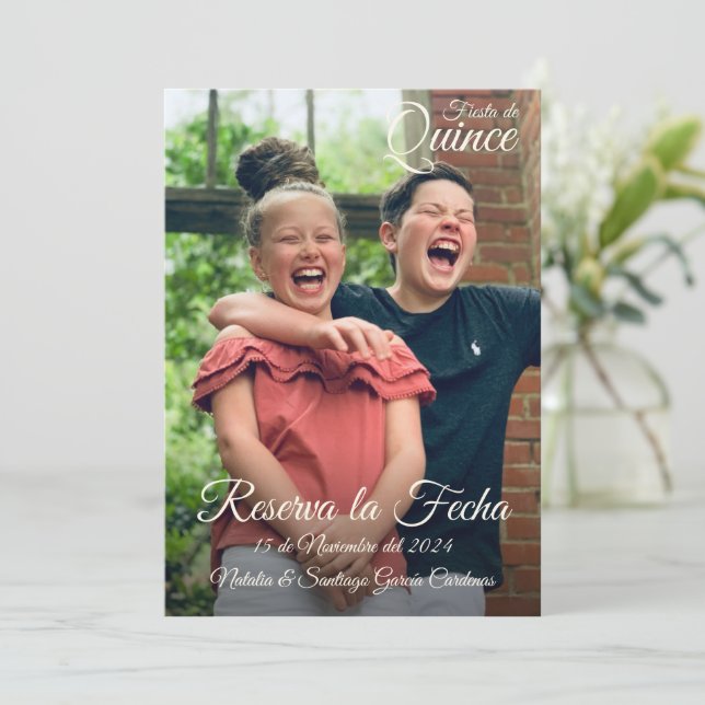Reserva La Fecha Twins Fiesta de Quince Botanicals Save The Date (Standing Front)