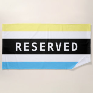 RESERVED, White Text, Blue Yellow Wh/Blk Stripes Beach Towel
