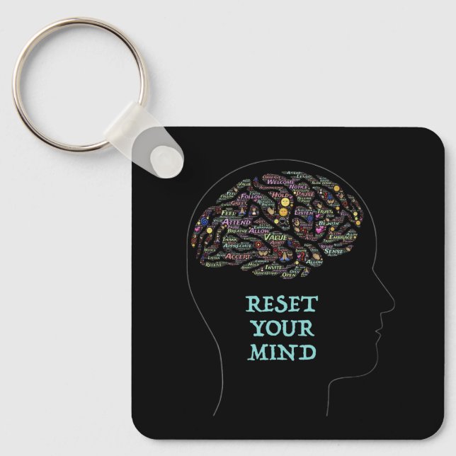 Reset Your Mind Inspirational Word Art Design   Key Ring (Front)
