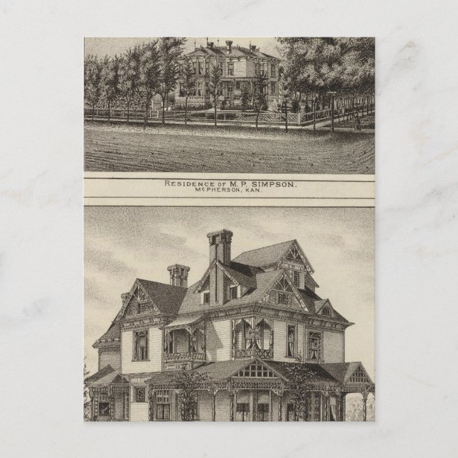 Residences of JR Fisher and MP Simpson, Kansas Postcard (Front)