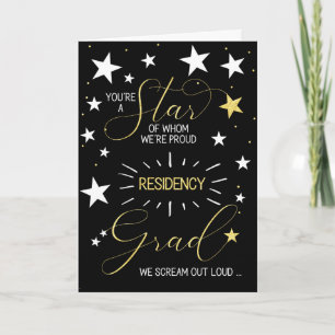 Residency Graduate Black Gold and White Stars Text Card