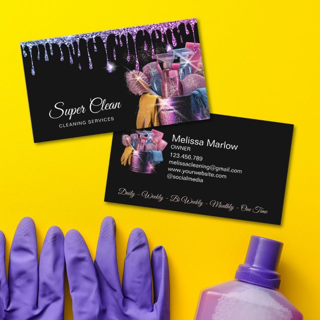 Residential Commercial House Cleaning Housekeeping Business Card (holographic glitter cleaning tools for residential and commercial cleaning business)