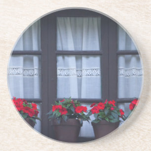 Residential housing with flowers in windows coaster