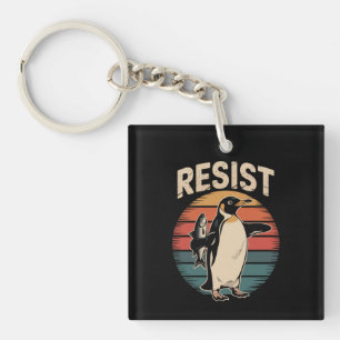 Resist Penguins Activism Protest Tariffs Retro Key Ring