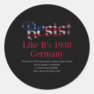 Resist Pritker Quote Germany 1938 Reject Fascism A Classic Round Sticker