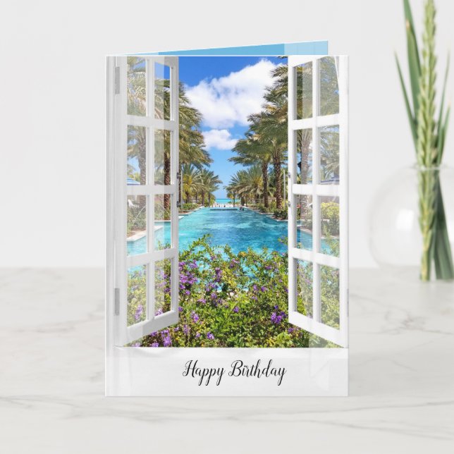 Resort Poolside Window Birthday Card (Front)