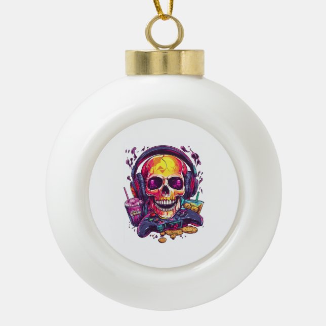Respawn Ready � Funny Gamer Skull Ceramic Ball Christmas Ornament (Front)
