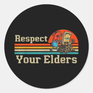 Respect elders retro gaming funny gamer controller classic round sticker