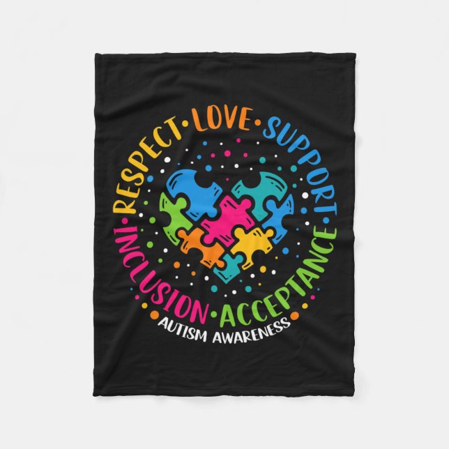 Respect Love Support Inclusion Heart Puzzle Autism Fleece Blanket (Front)