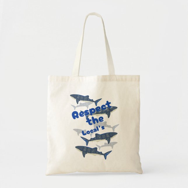 RESPECT THE LOCALS , SHARK'S FAMILY SWIMMING CLOSE TOTE BAG (Front)