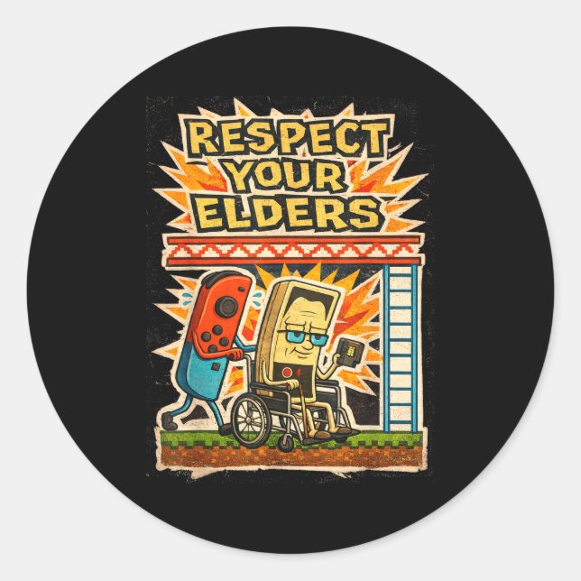 Respect Your Elders Funny Gamer Controller 80s Ret Classic Round Sticker (Front)