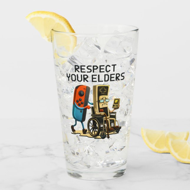 Respect Your Elders Gaming Control Retro Funny Glass (Front Ice)