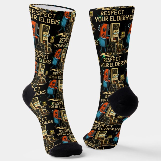 Respect Your Elders Gaming Control Retro Funny Socks (Angled)