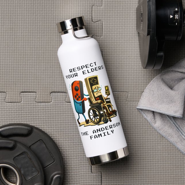 Respect Your Elders Gaming Control Retro Funny Water Bottle (Gym (Rotated))