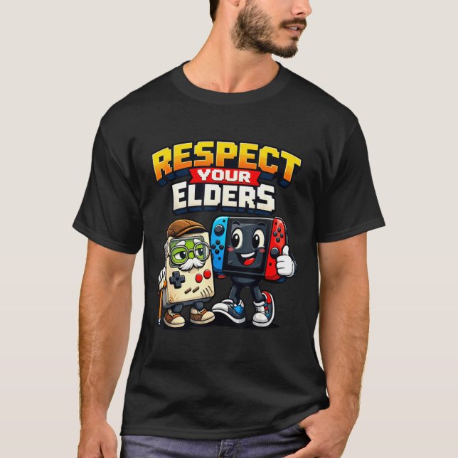 Respect Your Elders Retro Gaming Funny Gamer Contr T-Shirt (Front)