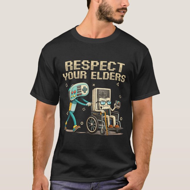 Respect Your Elders Retro Gaming Funny Gamer Contr T-Shirt (Front)