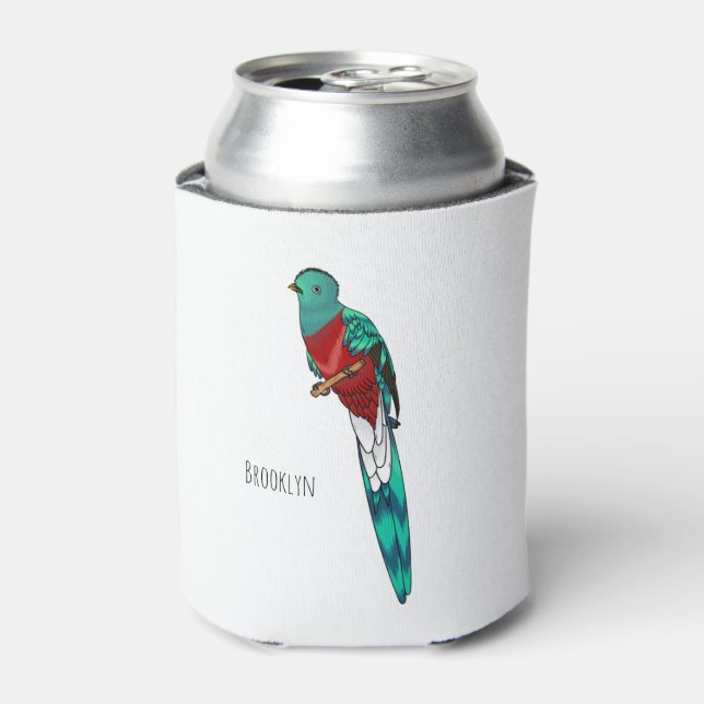 Resplendent quetzal bird cartoon illustration  can cooler (Can Front)