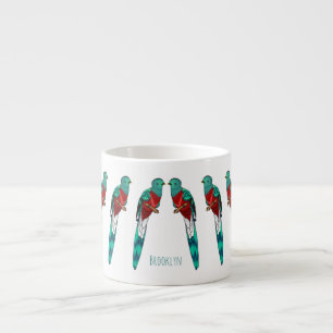 Resplendent quetzal bird cartoon illustration espresso cup