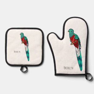 Resplendent quetzal bird cartoon illustration oven mitt & pot holder set