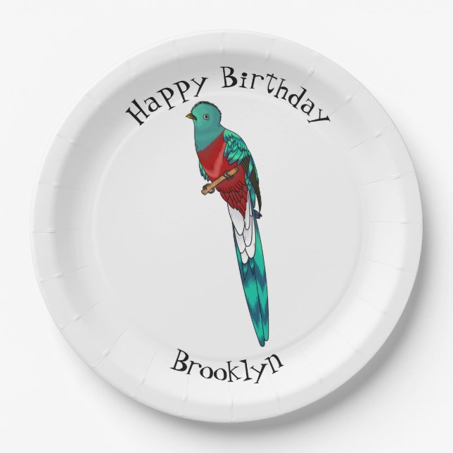 Resplendent quetzal bird cartoon illustration  paper plate (Front)